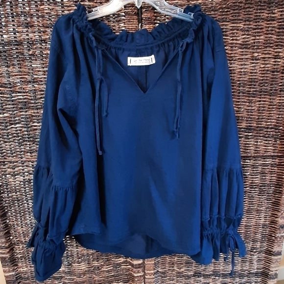 Free People We The Free Small Alpine Denim Tie Poet Peasant Oversized Shirt Blue - Picture 1 of 8